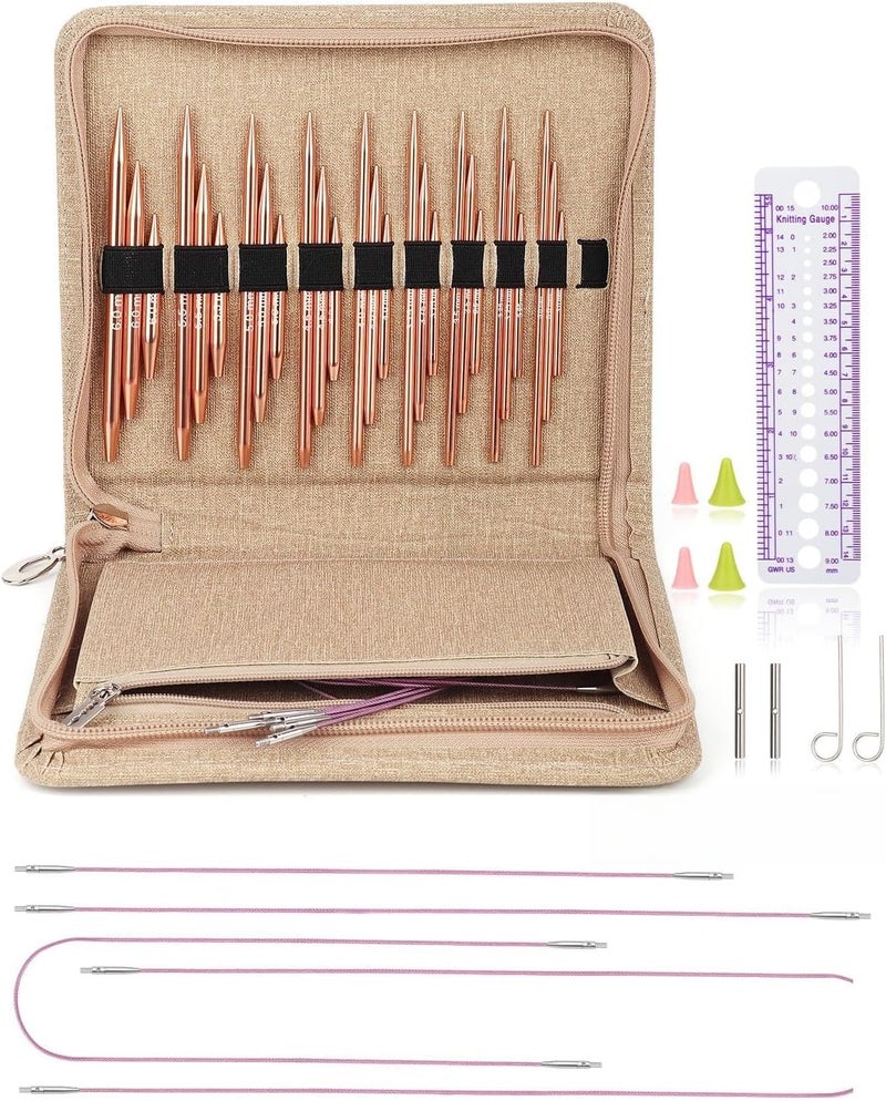 Aeelike Aluminu Interchangeable Knitting Needles Set, Circular Knitting Needles Set with 4 Cable 3 to 6 mm, Interchangeable Needle for Knitting Multiple Combinations, Gold - Image 1